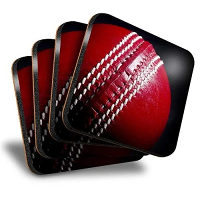 Image of Destination Vinyl ltd Great Coasters (Set of 4) Square Red Cricket Ball Sports Drink Glossy Coasters/Tabletop Protection for Any Table Type #16416