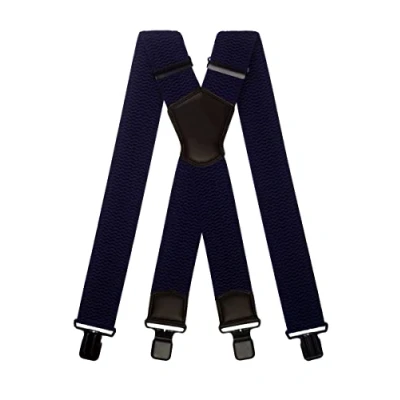 Image of Olata Men&#039;s Multi Purpose Extra Wide X Shape Braces/Suspenders with Leather Shield Centrepiece 5cm. Navy Blue (Black Clips)