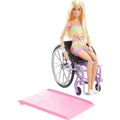 Image of Barbie Doll with Wheelchair and Ramp, Kids Toys Gifts, Blonde, Fashionistas, Rainbow Romper, Clothes Accessories, HJT13