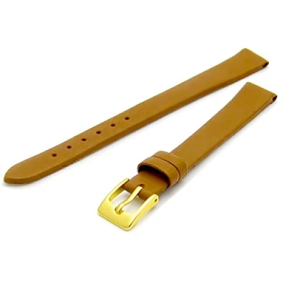 Image of Fine Calf Leather Watch Strap Band 12mm Extra Long XL Tan with Gilt (Gold Colour) Buckle. Free Spring Bars (Watch Pins)