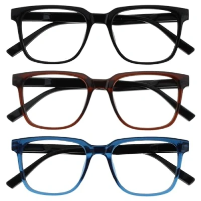 Image of OPULIZE LEO Reading Glasses 3 Pack Large Rectangular Frame Black, Brown, Blue Mens Womens Spring Hinges RRR55 123 +1.00