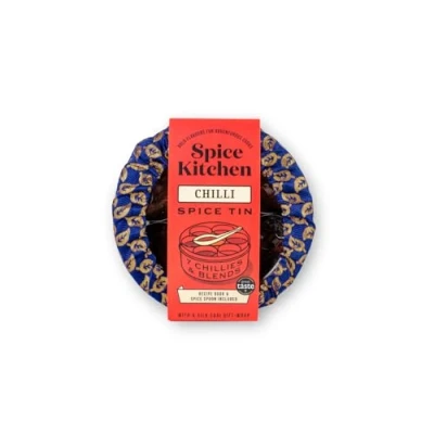 Image of spice Kitchen International chilli Collection presentation gift set 7 different types of Chillies, stainless steel and storage tin, handmade Silk Sari wrap cover