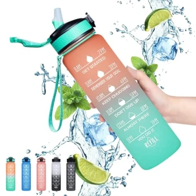 Image of Gaiayhc Sports Water Bottle 1 L,Motivational with Time Marker and Straw,30oz Leakproof Design Sports,Hiking,Gym,Fitness,Outdoor,Cycling,School &amp; Office