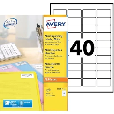 Image of Avery L7654 100 Mini Organising/Return Address Labels (A4 Sheets of 45.7 x 25.4 mm, 40 Per Sheet, Sheets) White