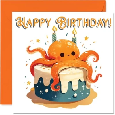Image of Octopus Birthday Cards Animal Cake Happy Card for Son Daughter Brother Sister Grandson Granddaughter Niece Nephew Cousin, 145mm Bday Greeting