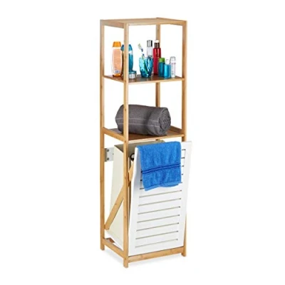 Image of Relaxdays Bathroom Shelf with Laundry Hamper, Narrow, Freestanding, 3 Compartments, HxWxD: 130 x 37 33 cm, Natural