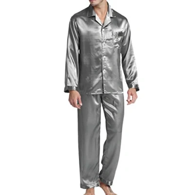 Image of Men’s Sleepwear Satin Pyjama Set Nightwear Loungewear (Light Gray, Large)