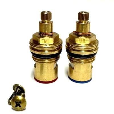 Image of Tap Cartridge Valve Pair Hot and Cold 24 Teeth on Spline 50mm Overall Height with Threaded Collar Supplied Solid Brass Screw