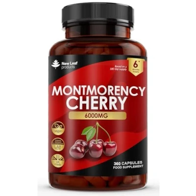 Image of Montmorency Cherry 6000mg 360 Capsules High Strength Concentrate Natural Tart Vegan Supplements (not Tablets or Powder) Non GMO, 6 Months Supply (2 per Serving) Made in The UK