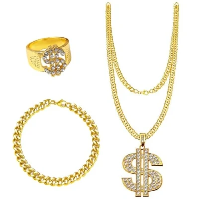 Image of Xumann 3pcs Gold Chain Fancy Dress for Rapper,Hip Hop Costume Rapper Women Men,Dollar Sign Necklace Accessories