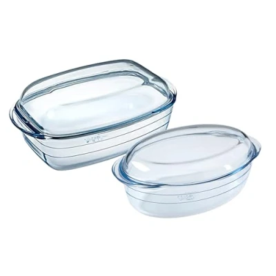 Image of Ôcuisine® Large Rectangular Casserole Glass Dishes with Handles Oven Safe Borosilicate Made in France (Rectangular &amp; Oval Set of 2 (Oval 4.1LT 6.7LT))