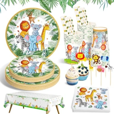 Image of Ophy Jungle Safari Theme Party Tableware Set 134Pcs Disposable Paper Plates Napkins Cups Decorations Kids Birthday Supplies Animal Baby Shower