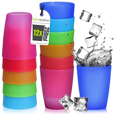 Image of idea station NEO Plastic Cups 12 x 250 ml Colourful Cocktail Glasses Perfect Party for Cold &amp; Hot Drinks Reusable Camping Kitchen, BBQ, Birthdays, Outdoor Activities