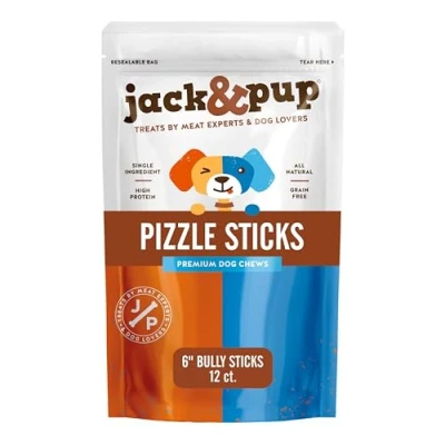 Image of Jack&amp;Pup 15 cm Pizzle Bully Sticks For Dogs (12 Count) Single Ingredient Odour Free Grain Healthy All Natural Dog Treat Chews