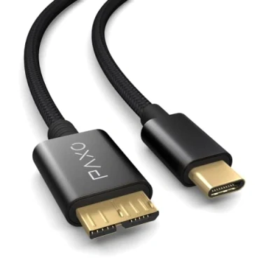 Image of PAXO 3m Nylon USB C Micro 3.2 Gen2 hard disk cable, 10Gbit/s, HDD data charging cable black, plug to B