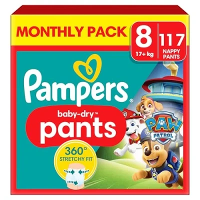 Image of Pampers Baby Dry Nappy Pants Paw Patrol Edition Size 8, 117 Nappies, 17kg+, Monthly Pack, with Our 360 Fit to Help Prevent Leaks