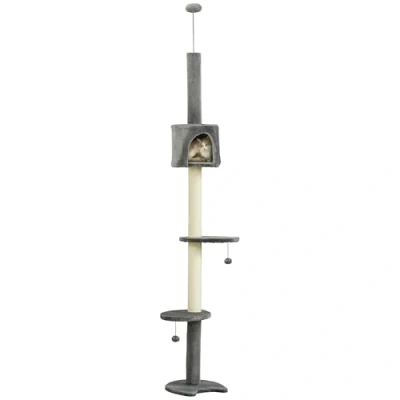 Image of PawHut Cat Tree, Multi Floor Pet Playhouse W/Solid Scratching Post, Light Grey