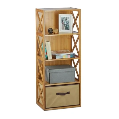 Image of Relaxdays Bamboo Shelf with Basket, 4 Tiers, Wooden Freestanding Bathroom Rack, Folding Drawer Box, HxWxD: 105 x 42 29 cm, Natural Brown, cm
