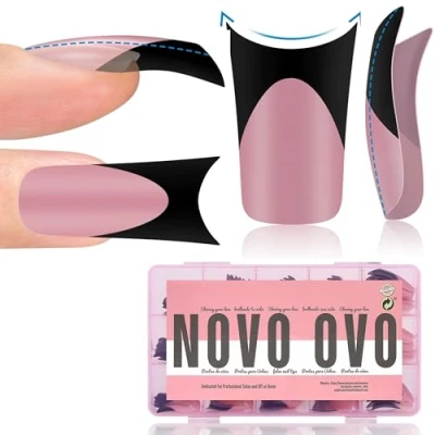 Image of NOVO OVO Black French Tip Duck Feet Nail Tips Full Cover for Press on Acrylic with Moon Curve, Thick Medim Long Pre Etched Matter Flare Wide Soft Gel Fake False Extension x 15 Sizes 150 pcs