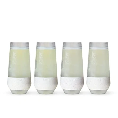 Image of Host Champagne Freeze Cooling Cup, Double Wall Insulated Freezable Stemless Wine Glasses with Active Gel Silicone Grip, Set of 4, 9 oz (266 ml) Glitter (10040)