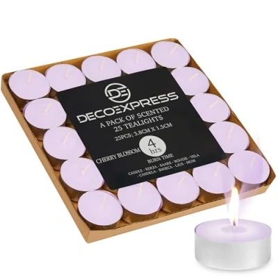 Image of DECO EXPRESS Tealight Candles Multipack of 200, 100, 50, 25 or 24, Burning Time 4, 8 10 Hours Tea Lights (Cherry Blossom 25/4 Hour)