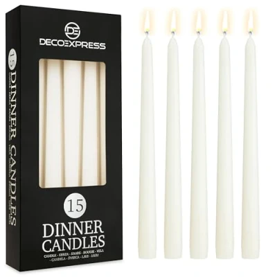 Image of Deco Express Dinner Candles Pack of 6, 10, 15 or 50 Tapered Non Drip Long Lasting 8 Hours, Unscented (White Pack)