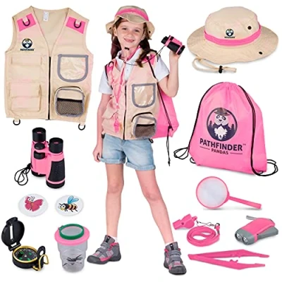 Image of Explorer Costume Kids with Safari Vest &amp; Hat Kit Bug Hunting Kits for Children Binoculars, Catcher Kids, Magnifying Glass Outdoor Toys 7+ Year Old Boys Girls