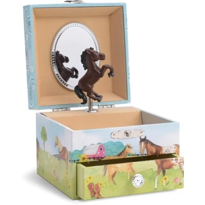 Image of Jewelkeeper Kids Musical Jewelry Box for Girls with Spinning Dark Horse Single Pullout Drawers Fur Elise Tune Thoughtful Gift Young Barn Theme Design ‎10.8 x 8.9 10.8 cm