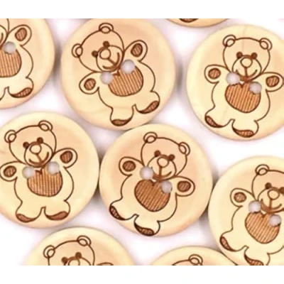Image of 12 Beautiful Wooden Buttons Round Natural with Teddy Print 15 mm 2 Holes for Sewing on DIY Handmade Scrapbooking Children&#039;s Clothing Jackets Hats Romper