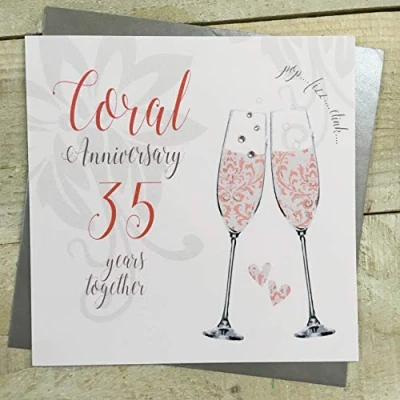 Image of WHITE COTTON CARDS 35th Coral Wedding Anniversary Handmade Card Champagne Flutes DT135