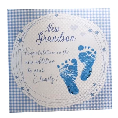 Image of white cotton cards Blue Grandson Congratulations Addition to Your Family Handmade New Baby Card, WB230