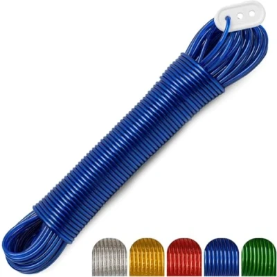 Image of Steel Core Washing Line with &amp; Green PVC Coating, 30m/100ft Strong Clothesline Rope of 265lbs Bearing Capacity, Rust proof and Weather Resistant String for Outdoor Garden Airer