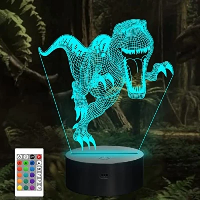 Image of CooPark Dinosaur Bedside Lamp, T rex 3D Illusion Hologram Night Light 16 Colors Changing Remote Control Perfect Child&#039;s Room Decor Xmas Birthday Gift for Kid Baby Boy