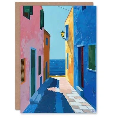 Image of Artery8 Greeting Card Colourful Mediterranean Spanish Coastal Painting Blank For Him Or Her Art Birthday