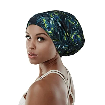 Image of Under Cap for Motorcycle Helmet Satin Intense Cardio Work Outs Bed Slouchy Beanie Gifts Long Hair Girls Blue Camo