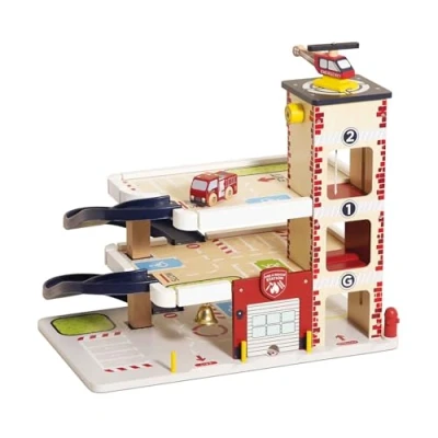 Image of Le Toy Van TV453 Wooden 3 Storey Fire &amp; Rescue Garage Car Set, Vehicle Role Play Toys, Suitable for 36+ Months, Multicoloured, Large