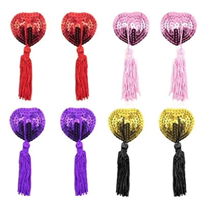Image of Lingerie Breast Petal Pasty, Adhesive Sequin Pasties with Tassels, Multicolor Nipple Covers (4 pairs) Purple, Red, Pink and Golden(Multicolor)(Size: One Size)