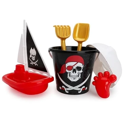 Image of Toyland® Pirate Theme 6 Piece Bucket &amp; Spade Set With Ship Sand Water Play Beach Toys