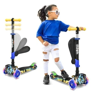 Image of 11 Wheeled Scooter for Kids Stand &amp; Cruise Child/Toddlers Toy Folding Kick Scooters w/Adjustable Height, Anti Slip Deck, Flashing Wheel Lights, Boys/Girls 2 12 Year Old Hurtle