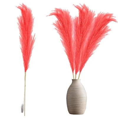 Image of 2Pcs 100cm Prelit Red Pampas Grass Stem, Warm White LEDs Battery Operated Christmas Artificial Flowers for Boho Wedding Bedroom Living Room Decorations