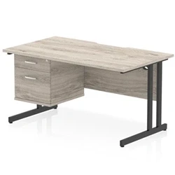 Image of Impulse 1400 x 800mm Scalloped Edge Office Desk Grey Oak Top Black Cantilever Leg Workstation 1 2 Drawer Fixed Pedestal