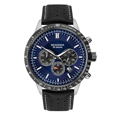 Image of Sekonda Men&#039;s Chronograph Watch, Blue dial with Black Leather Strap 1971