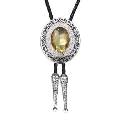 Image of Edgy Cowboy Crystal Bolo Tie Necktie For Shirt Jeans Western Necklace Braided Shoestring Men
