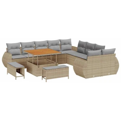 Image of vidaXL 13 Piece Garden Sofa Set with Cushions Beige Poly Rattan Acacia