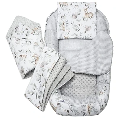 Image of Medi Partners 5 Piece Baby Nest Set 100 x 60 15 cm Removable Insert Bed Cuddly Crawling Blanket Newborn 100% Cotton (Deer in the leaves with grey Plush)