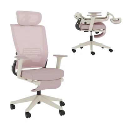 Image of FLEXISPOT Ergonomic Office Chair, Folding Chair for Small Spaces with Adjustable Lumbar Support, Armrest and Headrest, Mesh Desk Footrest Home Work, Flora &amp; Fauna Serie Pink