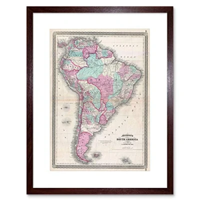 Image of Wee Blue Coo 1870 Johnson Map South America Vintage Picture Framed Wall Art Print