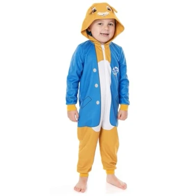 Image of Peter Rabbit Kids Onesie Multicoloured All in One Pyjama Loungewear with 3D Ears for Boys &amp; Girls Soft Fleece Hood Zip Movie Book Day PJs Pajama Bodysuit Merchandise Gift Children