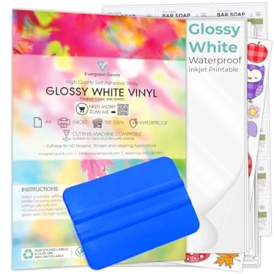 Image of Evergreen Goods 100 A4 Matte White Printable Sticker Paper Vinyl with Squeegee Inkjet Laser Waterproof Sheets Blank Self Adhesive Make Your Own Stickers &amp; Product Labels Cutters