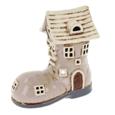 Image of Shudehill Giftware Village Pottery Ceramic Small Boot House Tealight Holder Beige